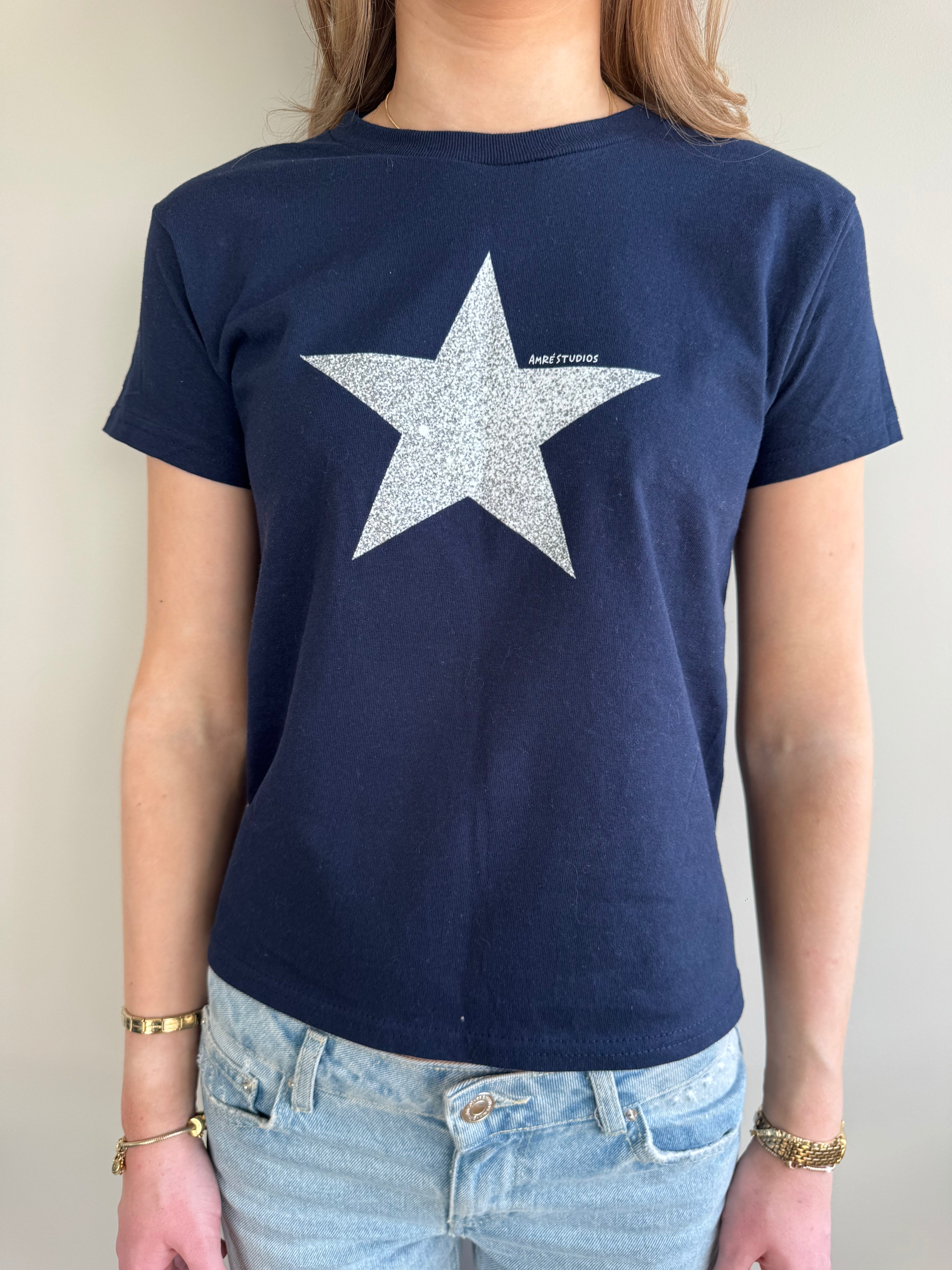 navy disco star baby tee