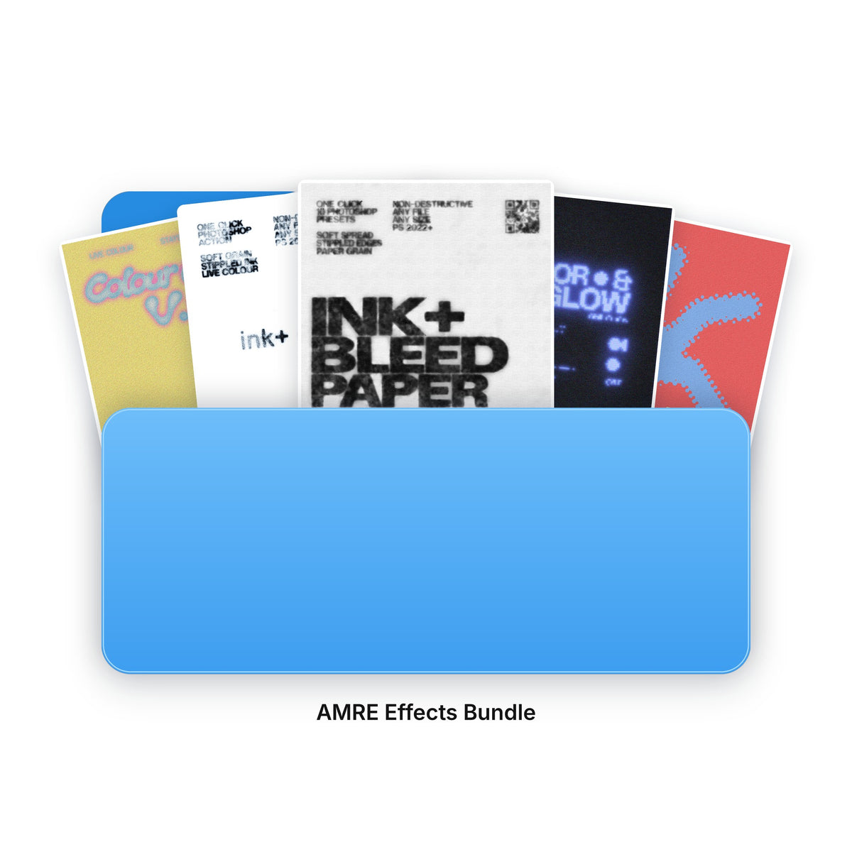 AMRE Effects Bundle: a folder holding all five Photoshop effects - Ink Bleed, Aura, CRT, Contour Glow and Halftone Dissolve