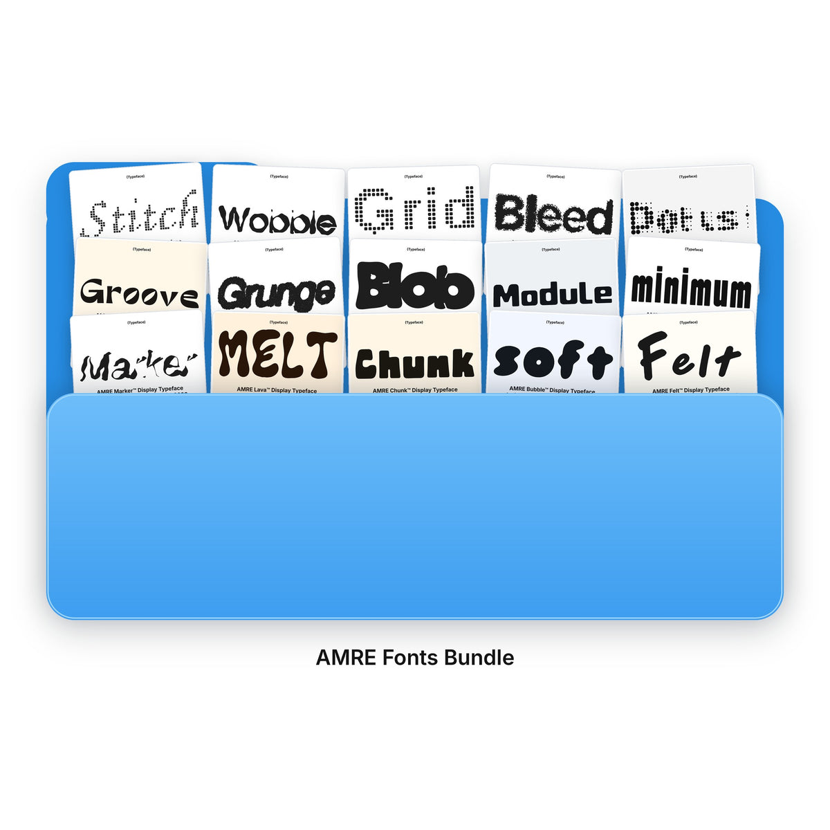 AMRE Fonts Bundle: a folder holding all 15 display typefaces - Stitch, Wobble, Grid, Bleed, Dots, Groove, Grunge, Blob, Module, Column, Marker, Lava, Chunk, Bubble and Felt